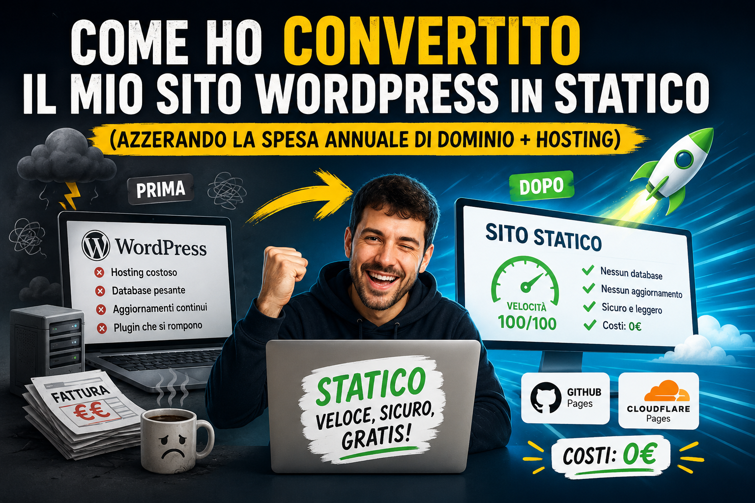Come ho convertito il mio sito WordPress in statico (azzerando la spesa annuale di dominio + hosting)